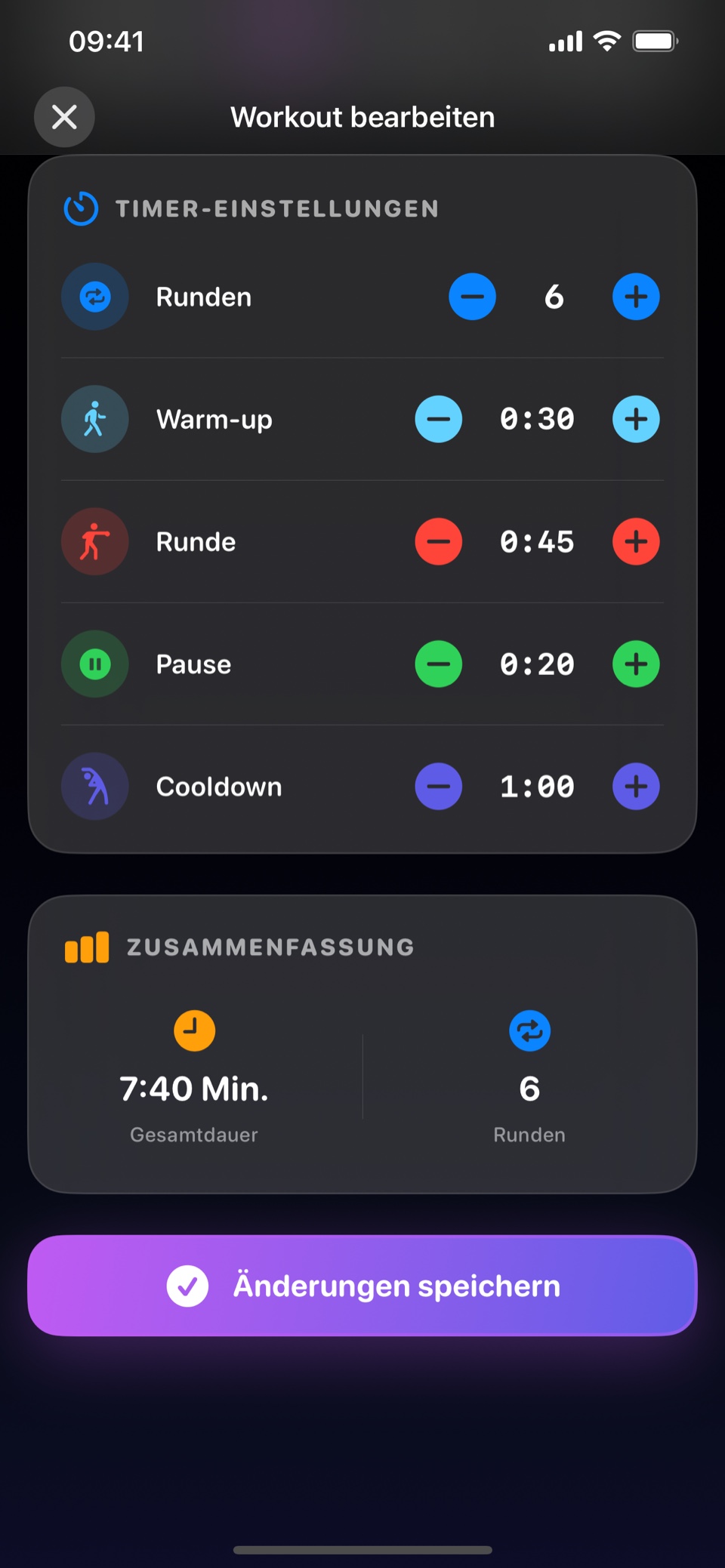Workout-Editor von Rounds mit Einstellungen für Runden, Warm-up, Belastung, Pause und Cooldown