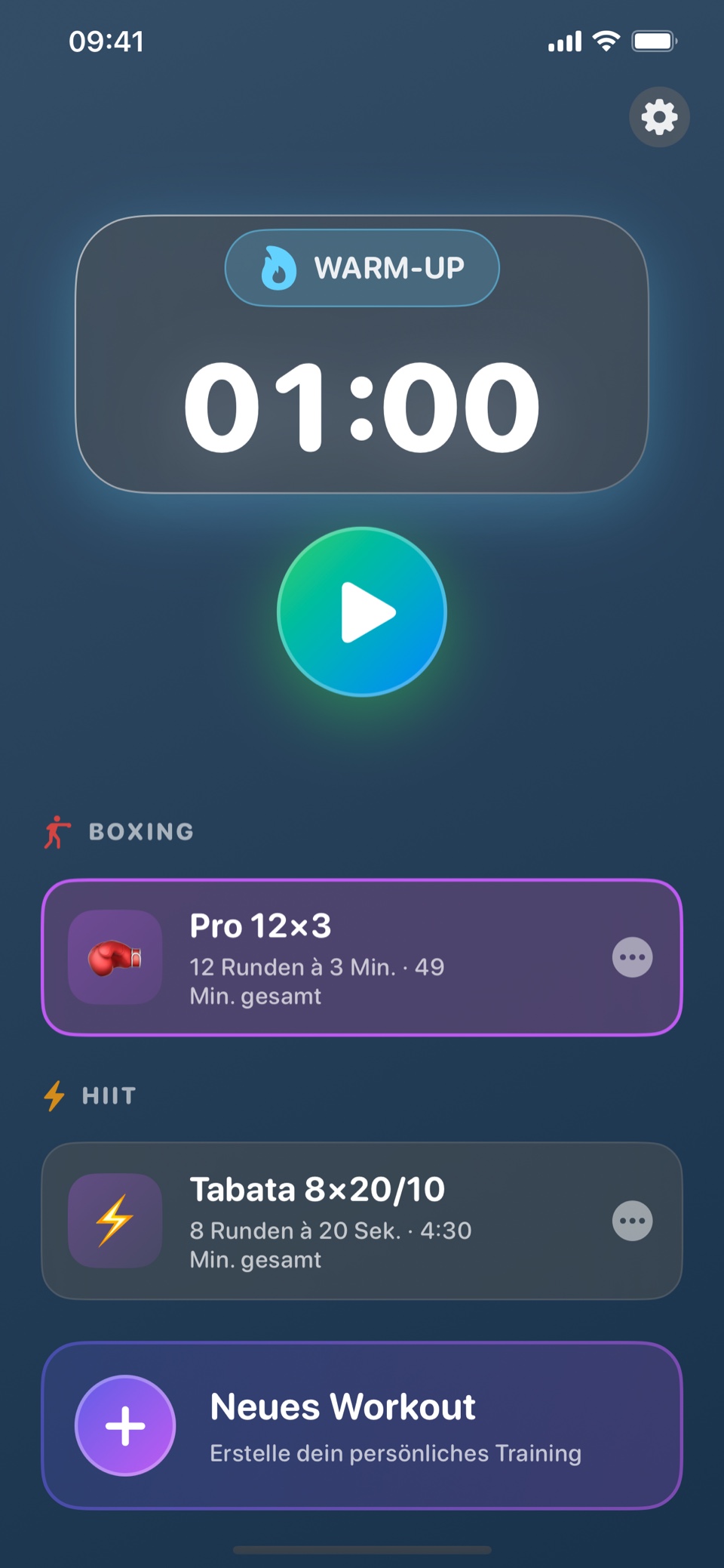 Rounds Startansicht mit Boxing- und HIIT-Workout-Vorlagen