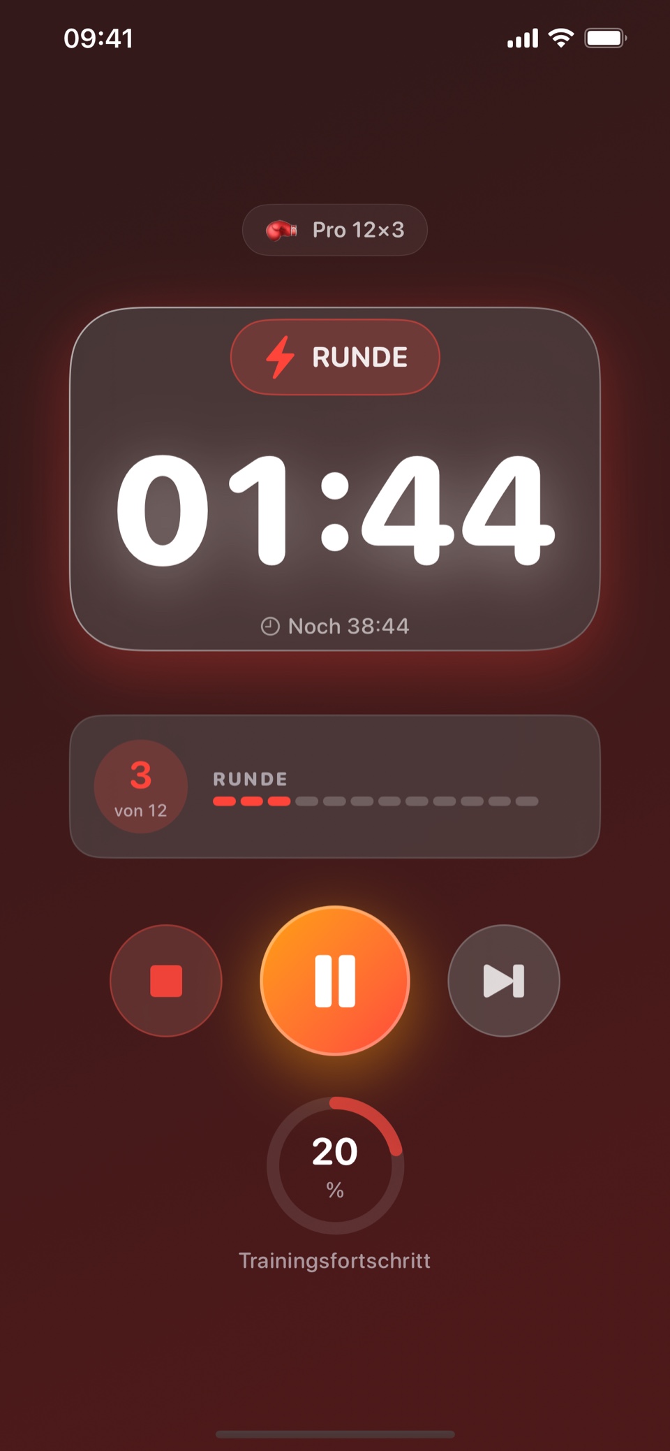 Rounds während einer roten Rundenphase mit großem Timer und Fortschrittsanzeige