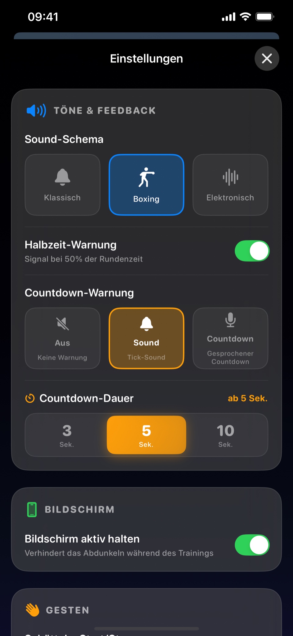 Rounds Einstellungen für Sound, Countdown, Display und Gesten